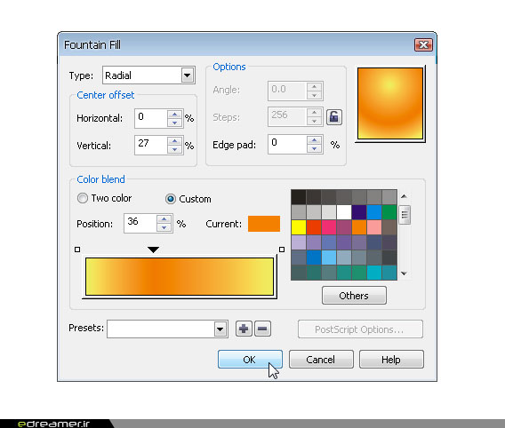 پنجره Fountain Fill در CorelDraw
